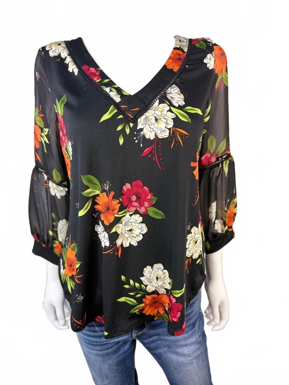 P.S. Fashion Concepts Floral V-Neck Blouse with Sheer Sleeves